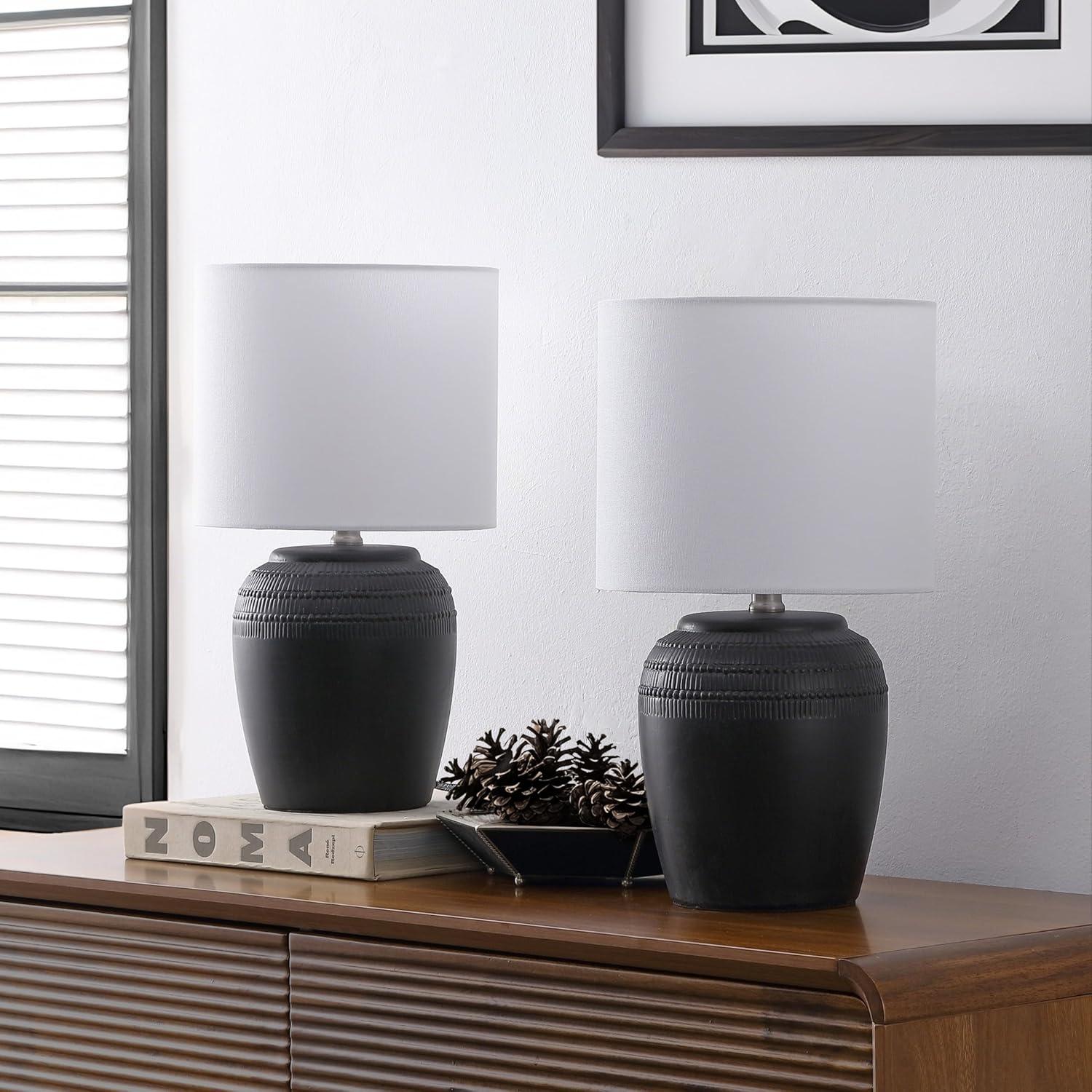 imageJONATHAN Y JYL5707BSET2 Hugo 1675quot Traditional Rustic Reeded Ceramic Vase LED Table Lamp for Living Room Family Room Dining Room Bedroom Hallway Office Antique White Set of 2BlackNickel