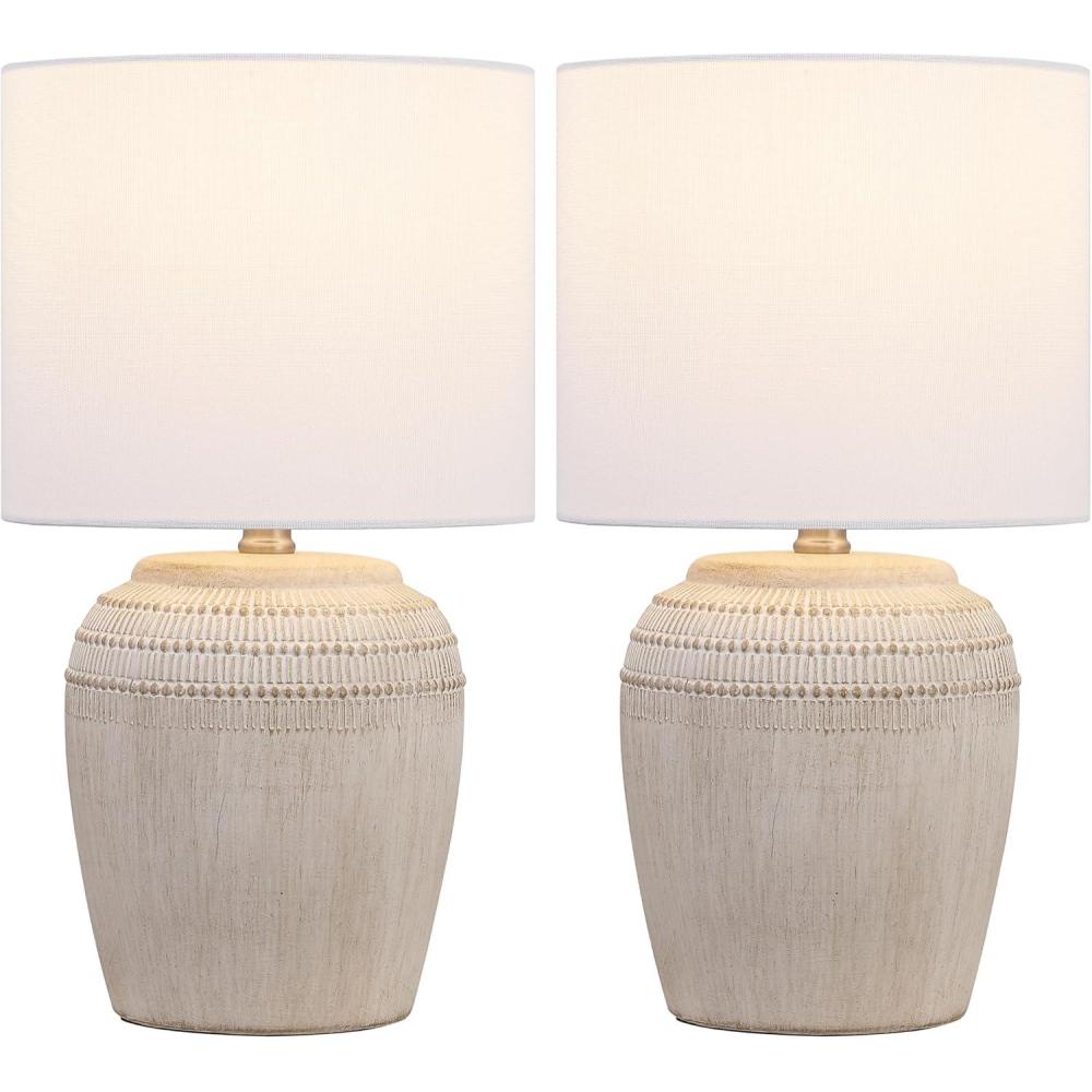 imageJONATHAN Y JYL5707BSET2 Hugo 1675quot Traditional Rustic Reeded Ceramic Vase LED Table Lamp for Living Room Family Room Dining Room Bedroom Hallway Office Antique White Set of 2Antique WhiteNickel