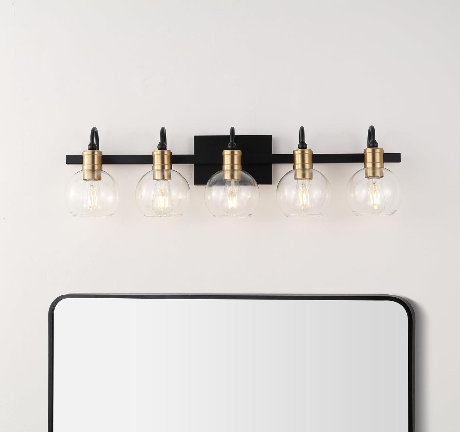 imageJONATHAN Y JYL3557A Marais 4425quot 6Light IronGlass Rustic Vintage LED Vanity Light Farmhouse Bohemian Cottage Industrial Office Living Room Dining Room Bedroom BlackBrass Gold5 Light