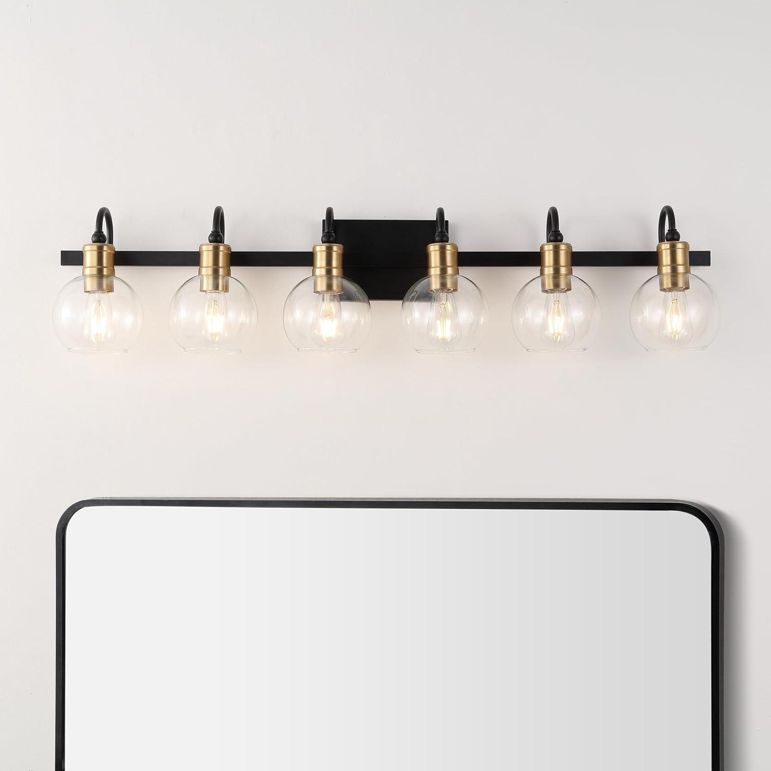 imageJONATHAN Y JYL3557A Marais 4425quot 6Light IronGlass Rustic Vintage LED Vanity Light Farmhouse Bohemian Cottage Industrial Office Living Room Dining Room Bedroom BlackBrass Gold6 Light