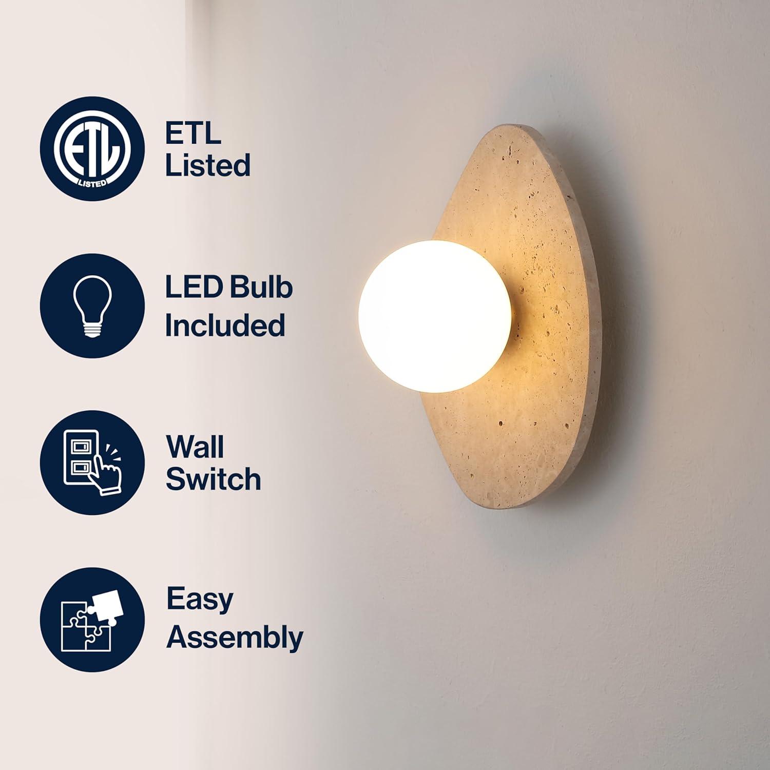 imageJONATHAN Y JYL5900A Tivoli 12quot Modern Minimalist 1Light Ovoid Travertine LED Wall Sconce for Bedroom Living Room Hallway Entryway Home Office Light BrownLight BrownBrass Gold