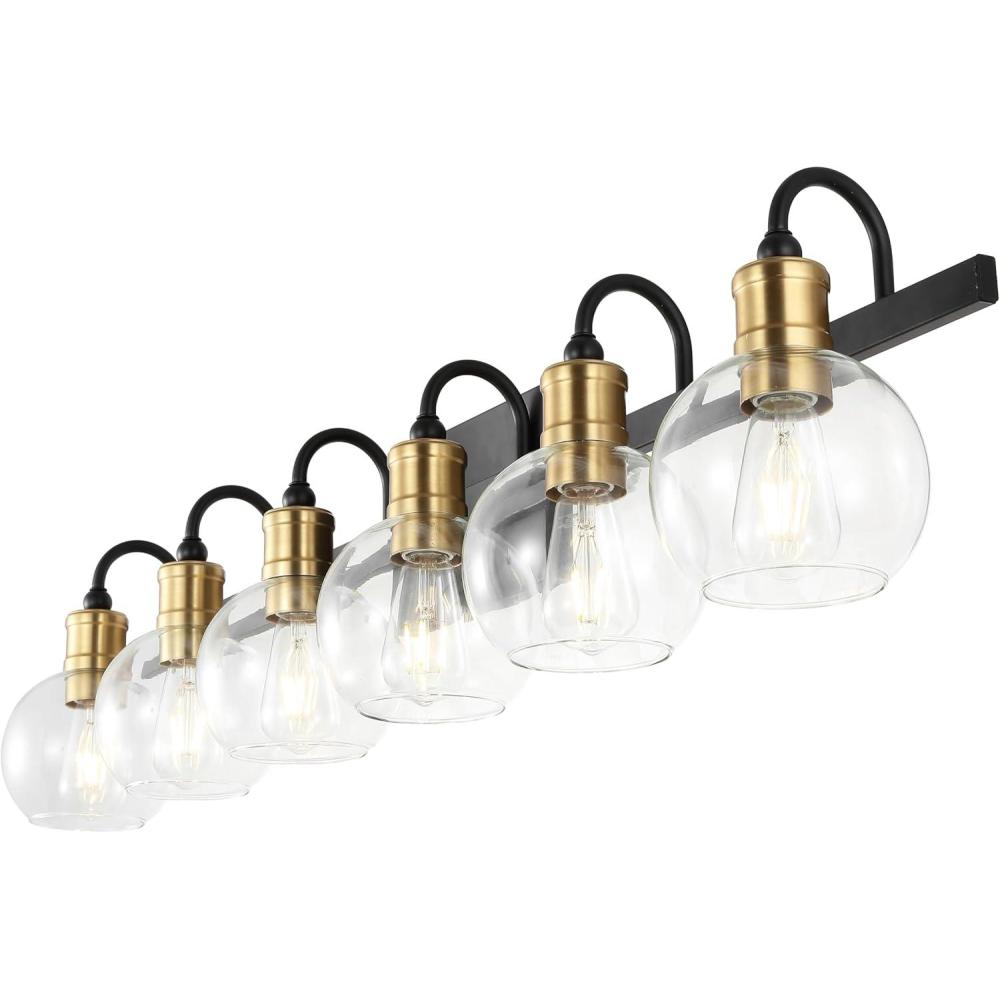 imageJONATHAN Y JYL3557A Marais 4425quot 6Light IronGlass Rustic Vintage LED Vanity Light Farmhouse Bohemian Cottage Industrial Office Living Room Dining Room Bedroom BlackBrass Gold6 Light