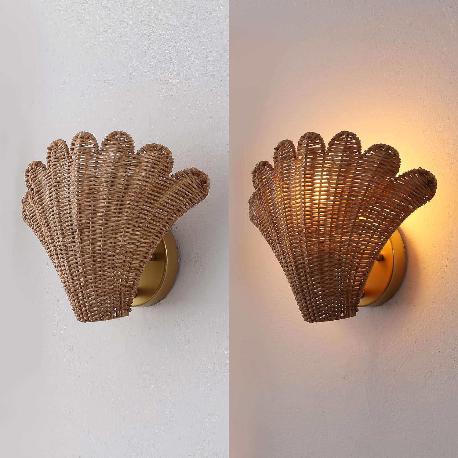 imageJONATHAN Y JYL5709ASET2 Elodie 115quot Vintage Coastal 1Light Rattan Scallop Shell LED Wall Sconce for Bedroom Living Room Hallway Entryway Home Office BrownGold Painting Set of 2