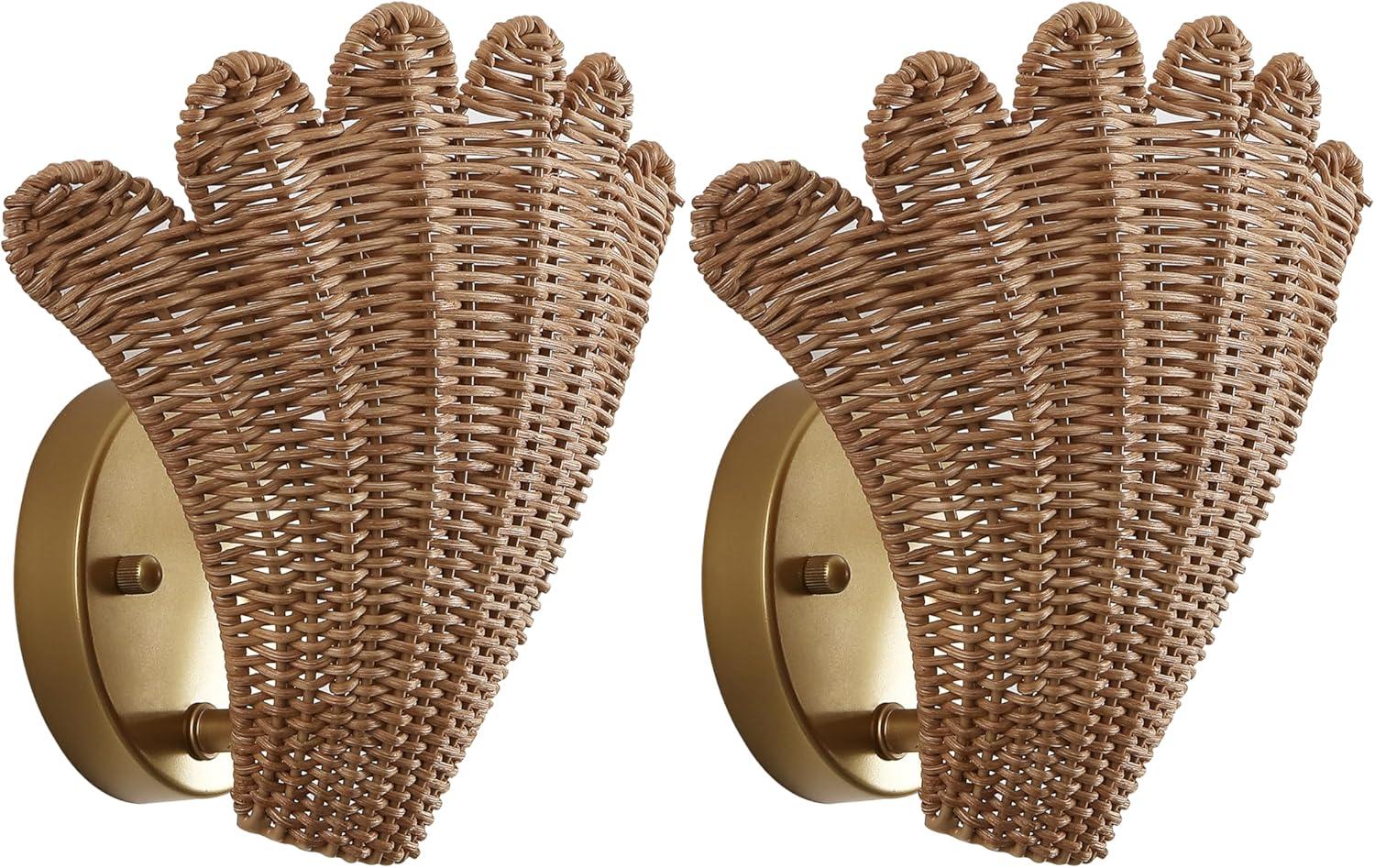 imageJONATHAN Y JYL5709ASET2 Elodie 115quot Vintage Coastal 1Light Rattan Scallop Shell LED Wall Sconce for Bedroom Living Room Hallway Entryway Home Office BrownGold Painting Set of 2