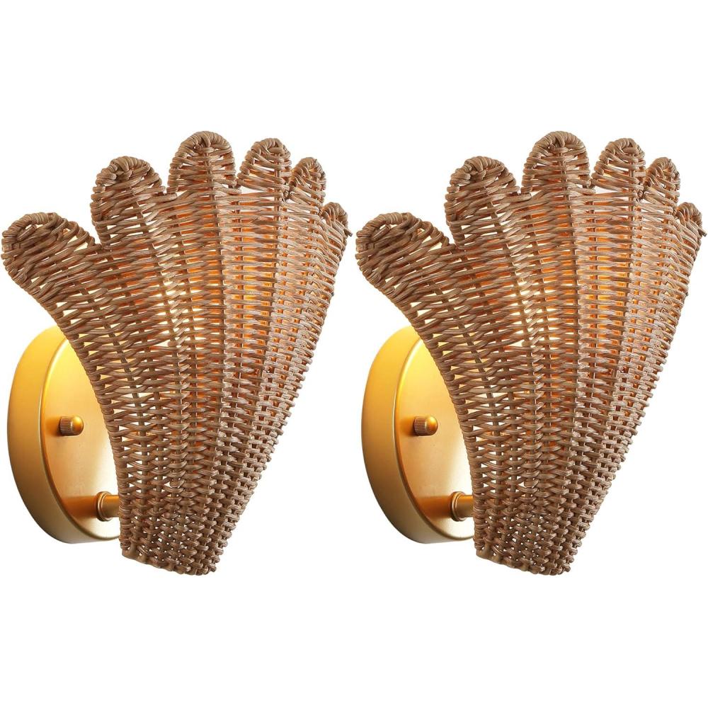 imageJONATHAN Y JYL5709ASET2 Elodie 115quot Vintage Coastal 1Light Rattan Scallop Shell LED Wall Sconce for Bedroom Living Room Hallway Entryway Home Office BrownGold Painting Set of 2