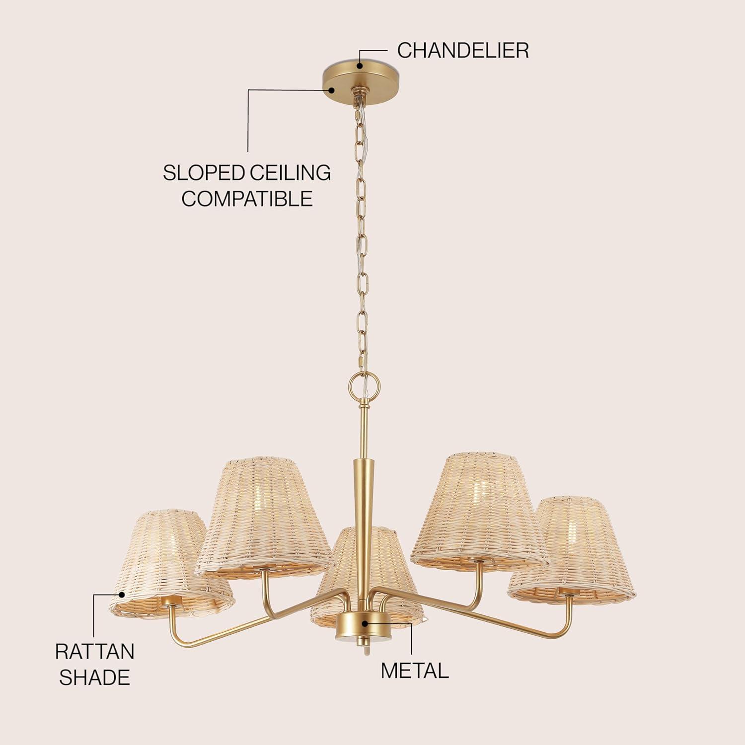 imageJONATHAN Y JYL1611A Libby 30quot 5Light Modern Coastal Sleek Woven RattanIron LED Chandelier for Dining Room Entryway Living Room Office Bedroom Gold PaintingLight Brown