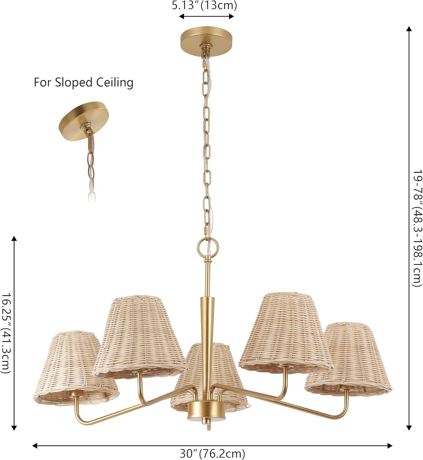 imageJONATHAN Y JYL1611A Libby 30quot 5Light Modern Coastal Sleek Woven RattanIron LED Chandelier for Dining Room Entryway Living Room Office Bedroom Gold PaintingLight Brown