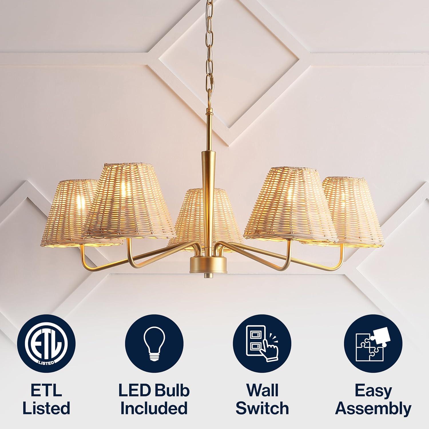 imageJONATHAN Y JYL1611A Libby 30quot 5Light Modern Coastal Sleek Woven RattanIron LED Chandelier for Dining Room Entryway Living Room Office Bedroom Gold PaintingLight Brown