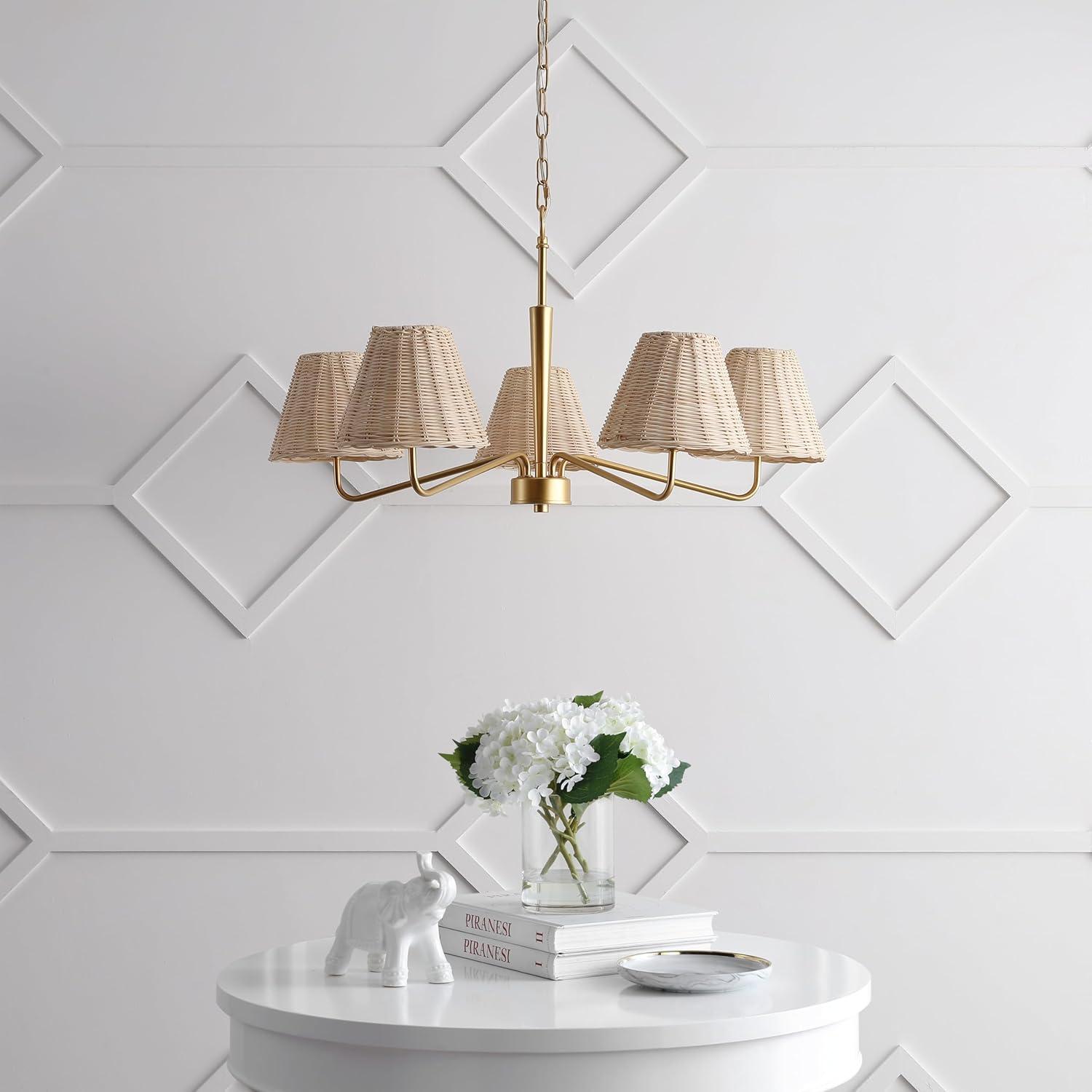 imageJONATHAN Y JYL1611A Libby 30quot 5Light Modern Coastal Sleek Woven RattanIron LED Chandelier for Dining Room Entryway Living Room Office Bedroom Gold PaintingLight Brown