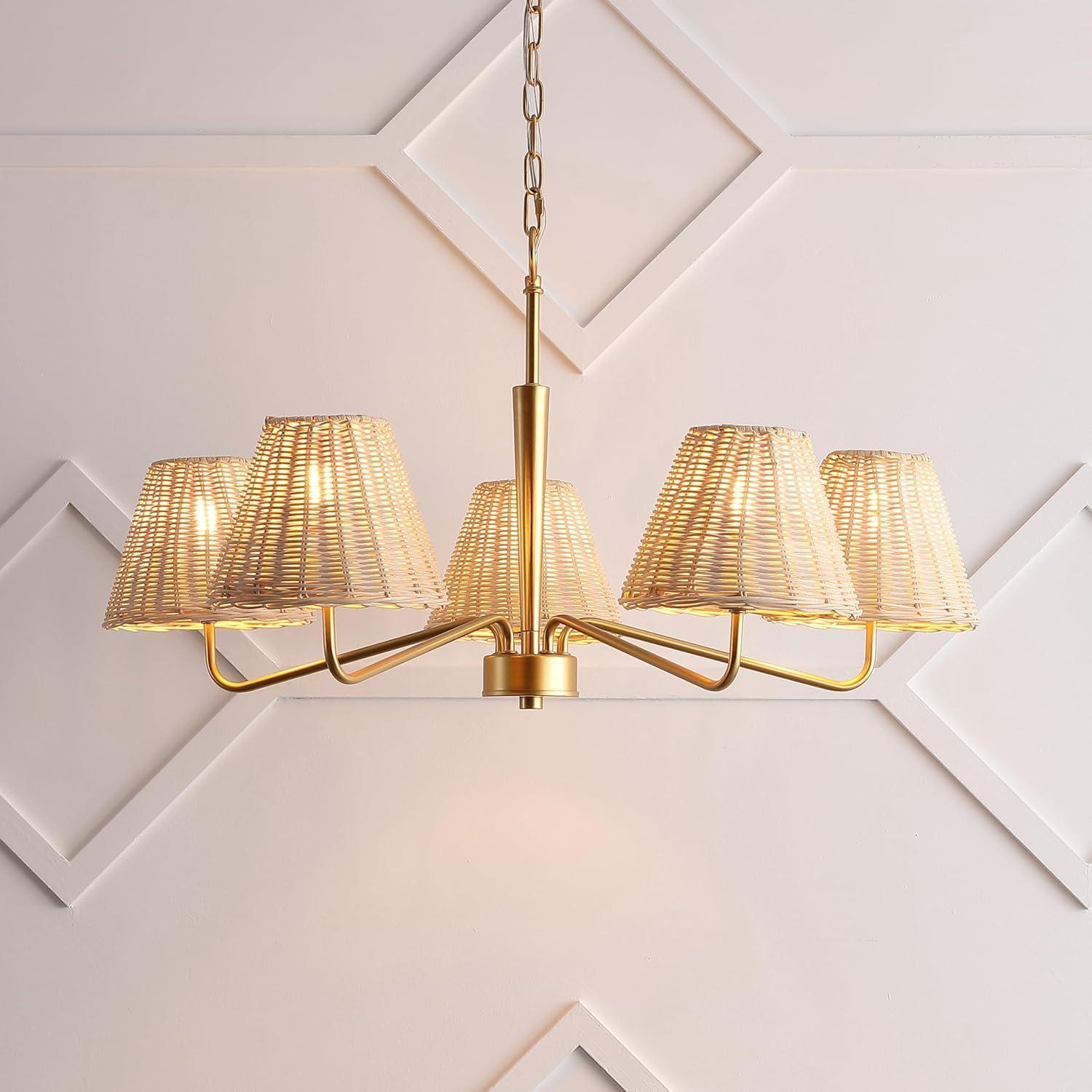 imageJONATHAN Y JYL1611A Libby 30quot 5Light Modern Coastal Sleek Woven RattanIron LED Chandelier for Dining Room Entryway Living Room Office Bedroom Gold PaintingLight Brown