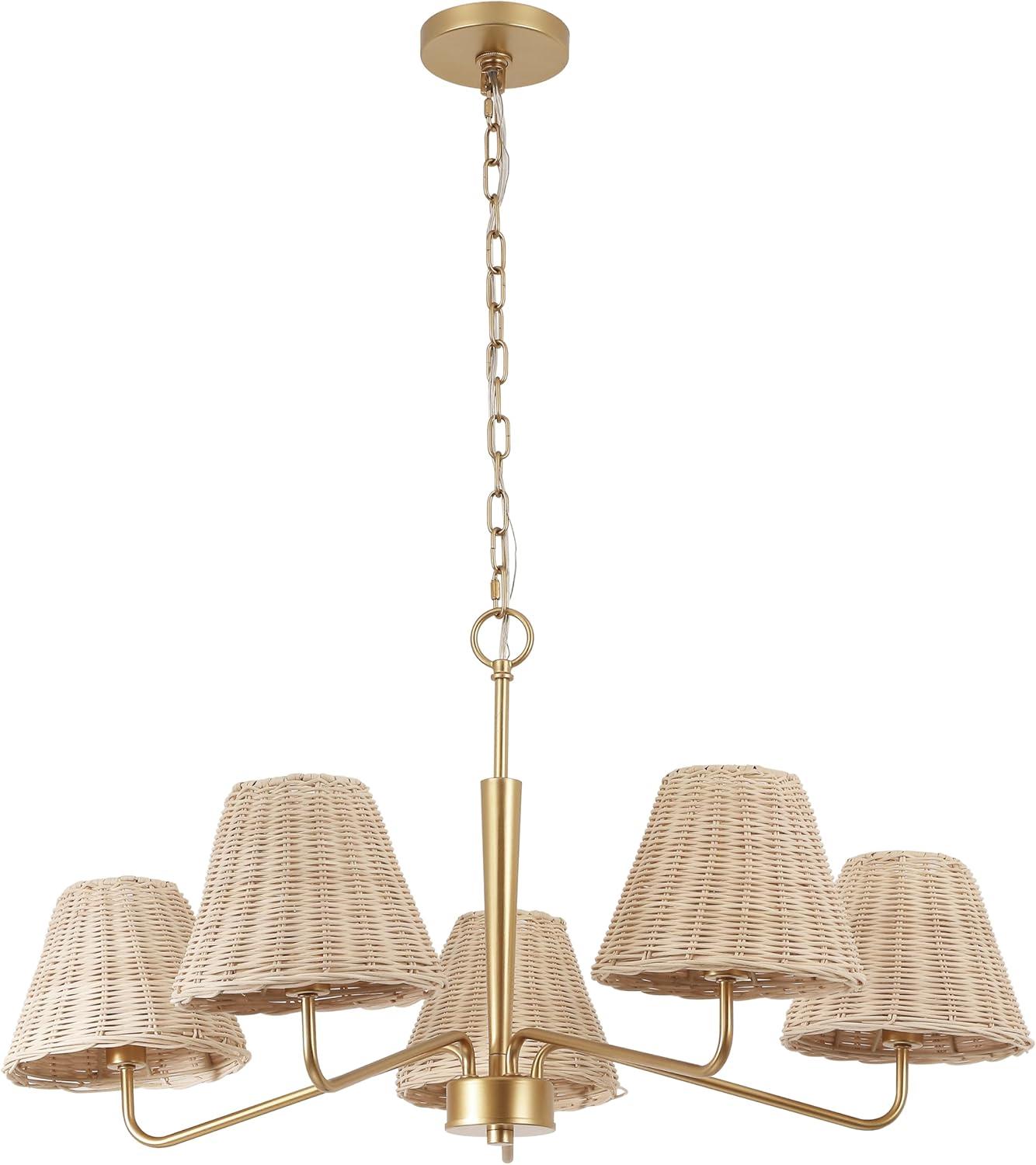 imageJONATHAN Y JYL1611A Libby 30quot 5Light Modern Coastal Sleek Woven RattanIron LED Chandelier for Dining Room Entryway Living Room Office Bedroom Gold PaintingLight Brown