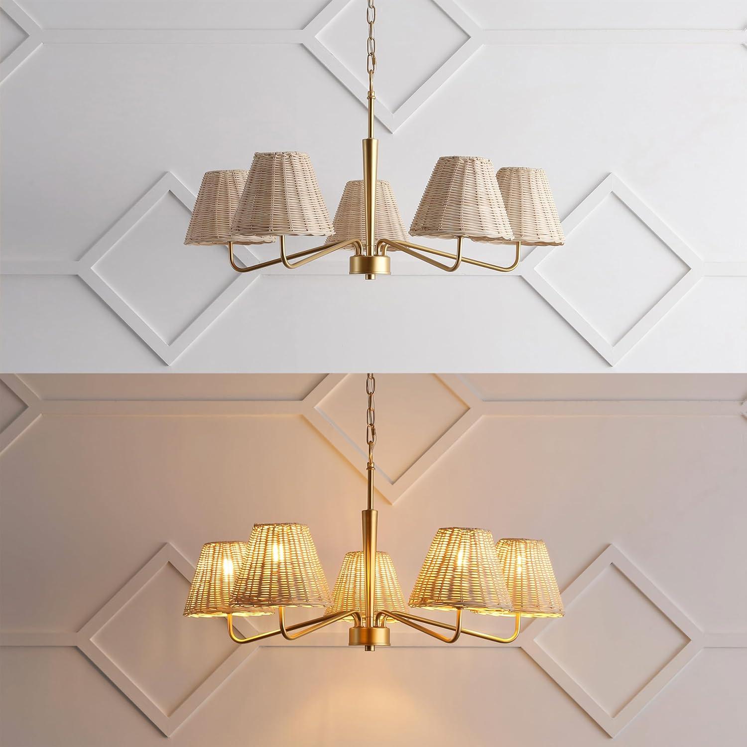 imageJONATHAN Y JYL1611A Libby 30quot 5Light Modern Coastal Sleek Woven RattanIron LED Chandelier for Dining Room Entryway Living Room Office Bedroom Gold PaintingLight Brown