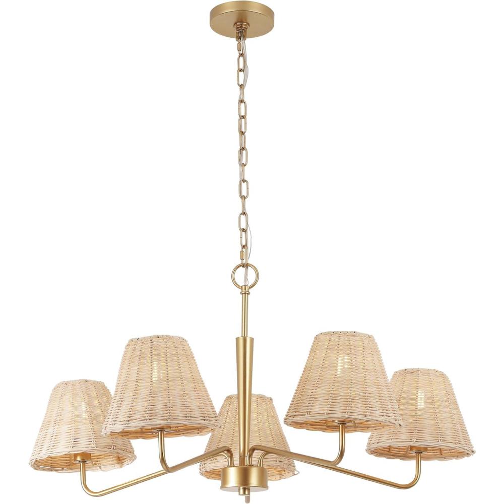 imageJONATHAN Y JYL1611A Libby 30quot 5Light Modern Coastal Sleek Woven RattanIron LED Chandelier for Dining Room Entryway Living Room Office Bedroom Gold PaintingLight Brown