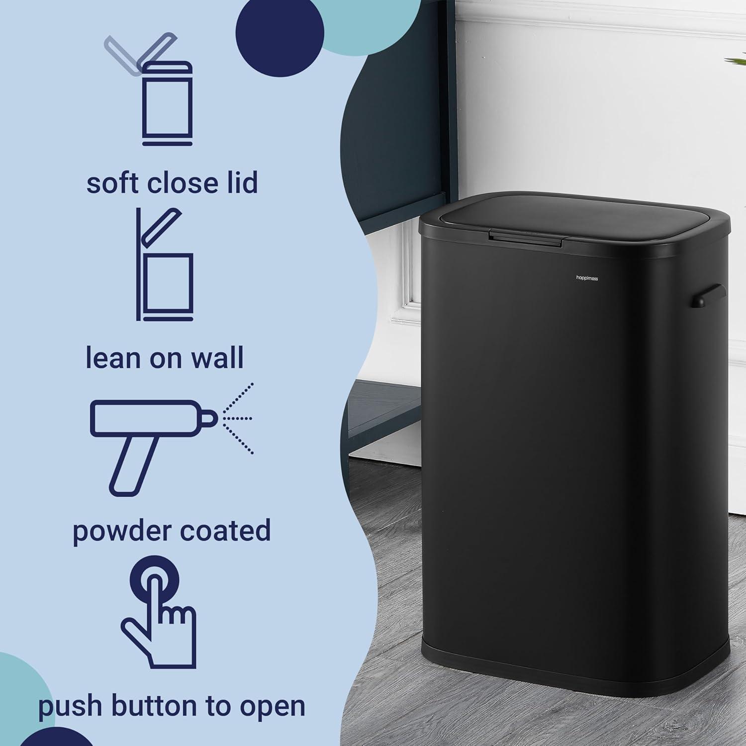 imagehappimess HPM1017E Tammi Kitchen 145Gallon Slim Metal Push Button Trash Can for Home Kitchen Laundry Room Office Bedroom Bathroom Pistachio GelatoCharcoal Black