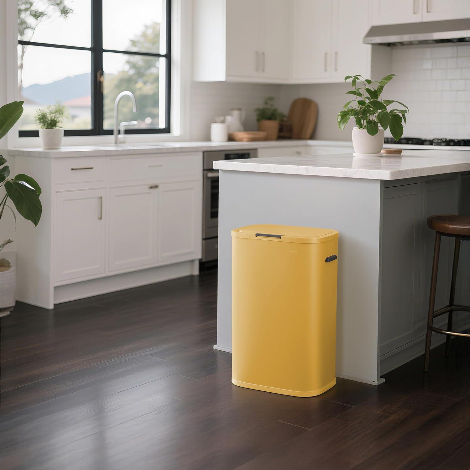 imagehappimess HPM1017E Tammi Kitchen 145Gallon Slim Metal Push Button Trash Can for Home Kitchen Laundry Room Office Bedroom Bathroom Pistachio GelatoDaffodil Yellow