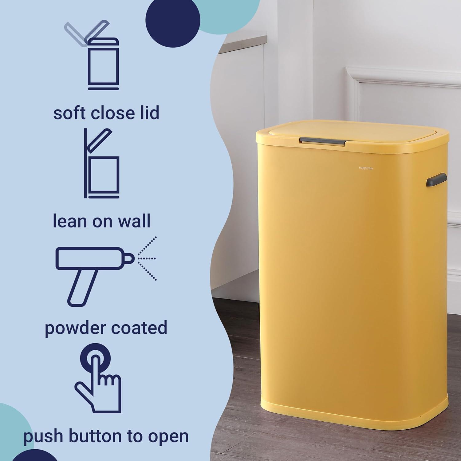 imagehappimess HPM1017E Tammi Kitchen 145Gallon Slim Metal Push Button Trash Can for Home Kitchen Laundry Room Office Bedroom Bathroom Pistachio GelatoDaffodil Yellow