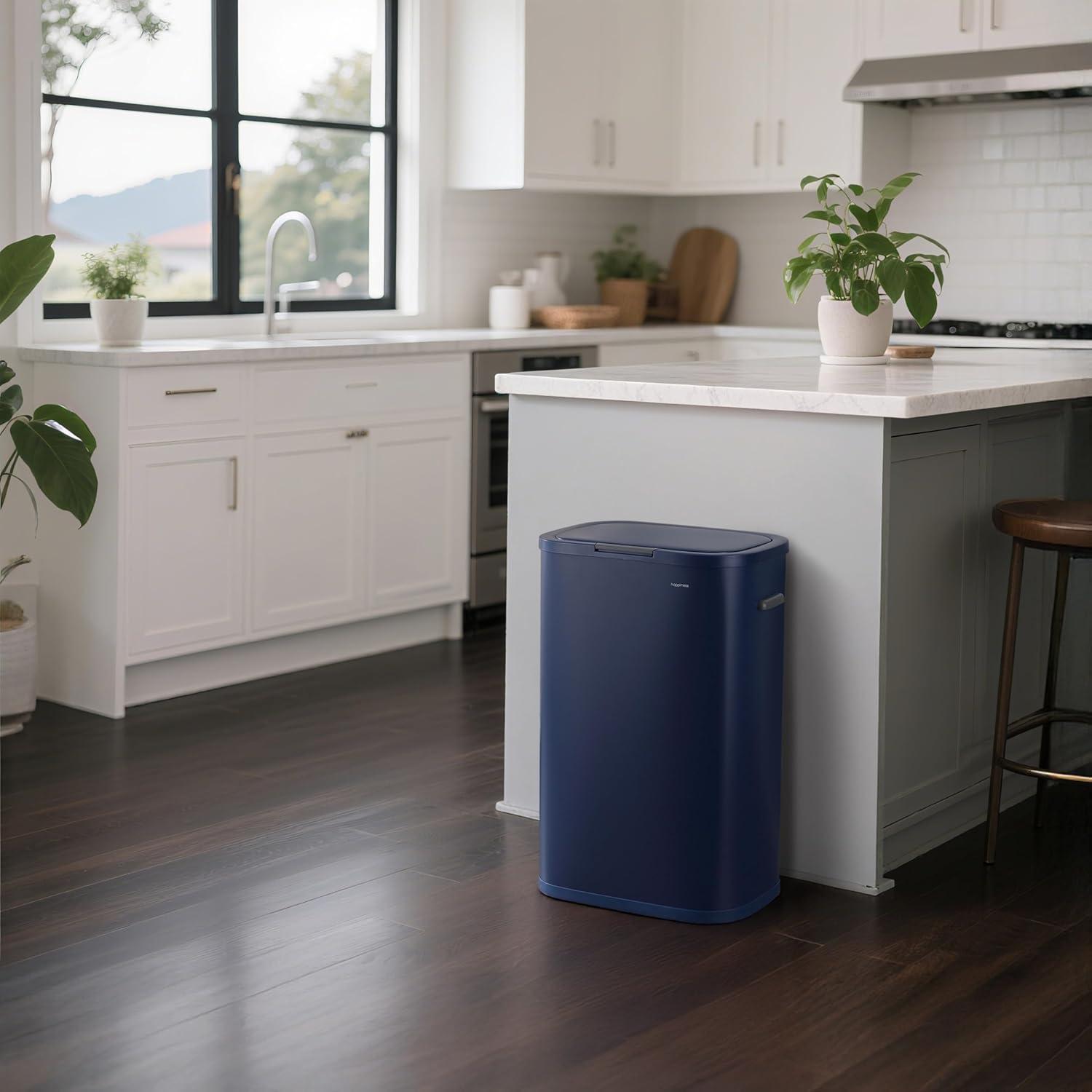 imagehappimess HPM1017E Tammi Kitchen 145Gallon Slim Metal Push Button Trash Can for Home Kitchen Laundry Room Office Bedroom Bathroom Pistachio GelatoDenim Blue