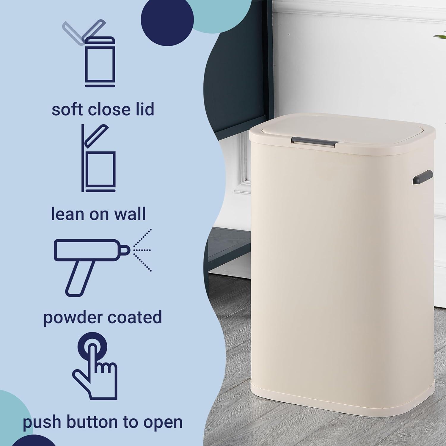 imagehappimess HPM1017E Tammi Kitchen 145Gallon Slim Metal Push Button Trash Can for Home Kitchen Laundry Room Office Bedroom Bathroom Pistachio GelatoLimestone Beige