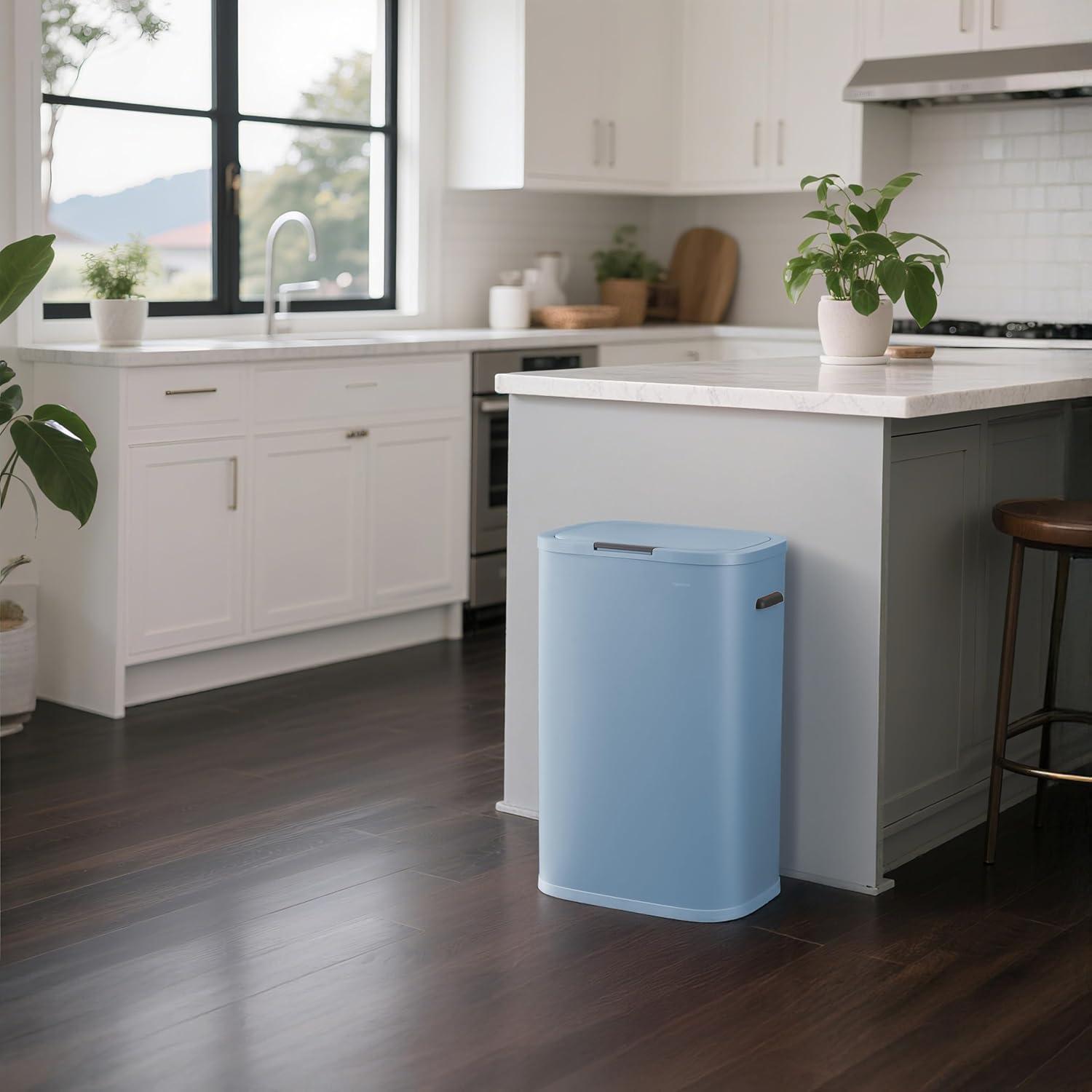 imagehappimess HPM1017E Tammi Kitchen 145Gallon Slim Metal Push Button Trash Can for Home Kitchen Laundry Room Office Bedroom Bathroom Pistachio GelatoTide Pool Blue