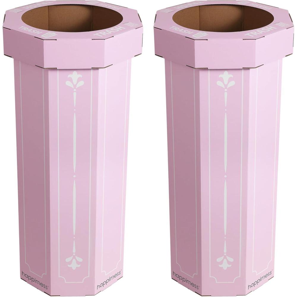 imagehappimess HPM1300FSET2 Fleur 25Gallon Traditional Classic Disposable Corrugated Cardboard Event Trash Can and Recycling Bin for Home Kitchen Laundry Room Bathroom Limestone Beige Set of 2Bridal Pink