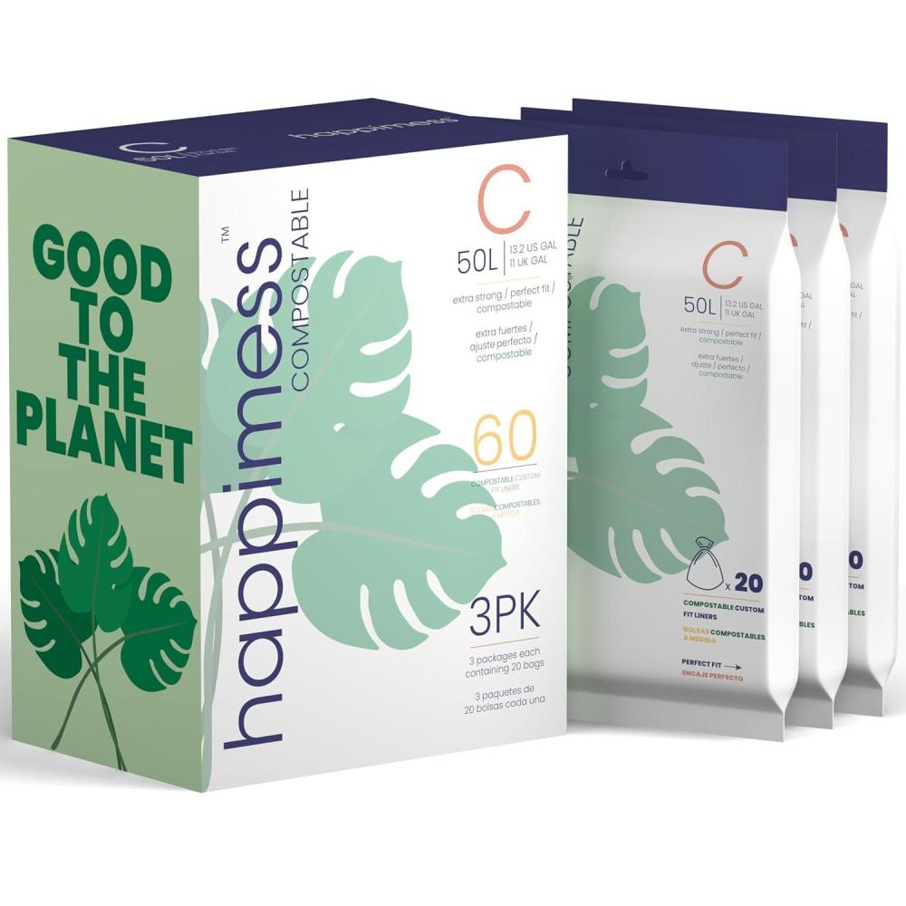 imagehappimess HPM3000CGREEN 132Gallon 50L Drawstring Compostable Trash Can Liner for Business Home Kitchen Commercial and Industrial Green 60Count 3Packs of 20 Liners