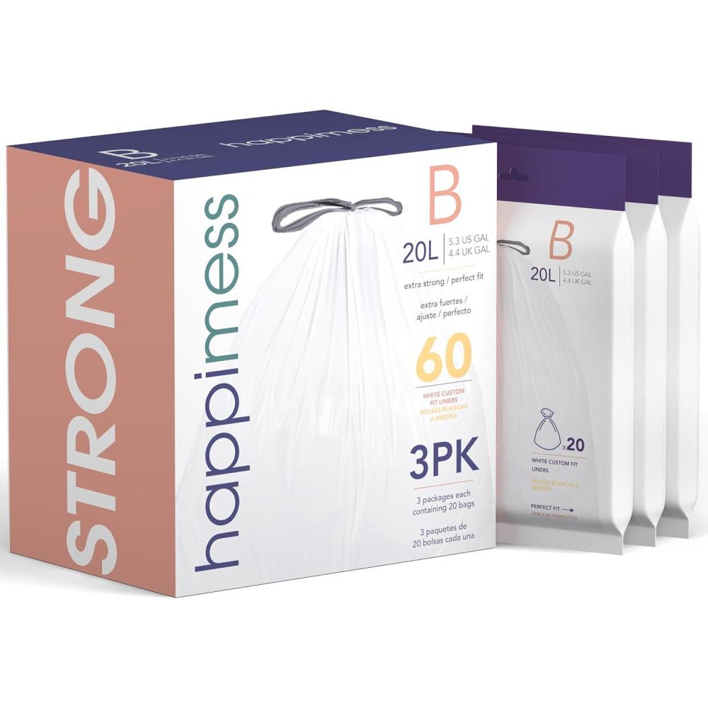 imagehappimess HPM3000DWHITE 8Gallon 30L Drawstring Unscented Slim Trash Can Liner for Business Home Kitchen Commercial and Industrial White 60Count 3Packs of 20 LinersWhite