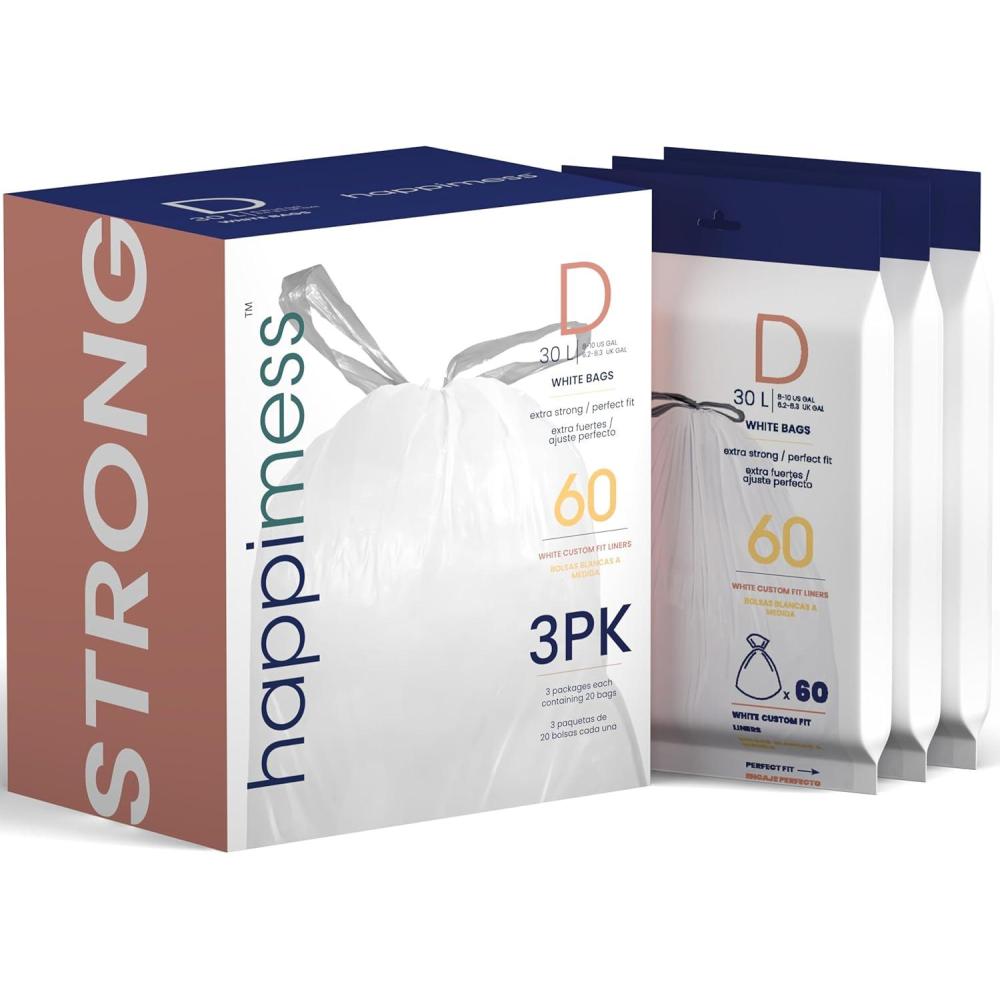 imagehappimess HPM3000DWHITE 8Gallon 30L Drawstring Unscented Slim Trash Can Liner for Business Home Kitchen Commercial and Industrial White 60Count 3Packs of 20 LinersWhite Slim