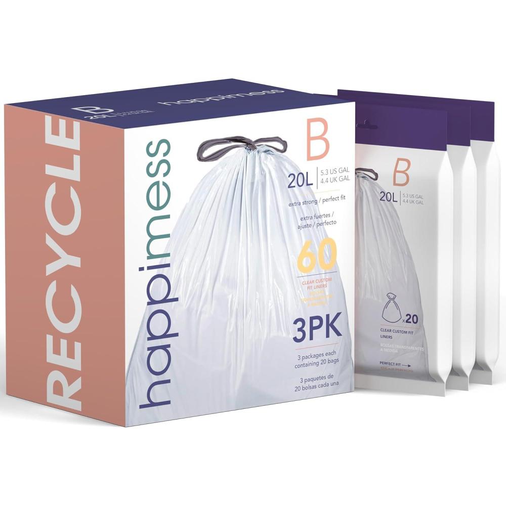 imagehappimess HPM3000DWHITE 8Gallon 30L Drawstring Unscented Slim Trash Can Liner for Business Home Kitchen Commercial and Industrial White 60Count 3Packs of 20 LinersClear