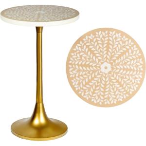 JONATHAN Y END1007D Nysha 25″ Modern Bohemian Metal/Resin Inlay Top Pedestal Drink Table and Decorative End Table for Living Room, Bedroom, Office, Bathroom, Gray/White(Almond/White/Gold)