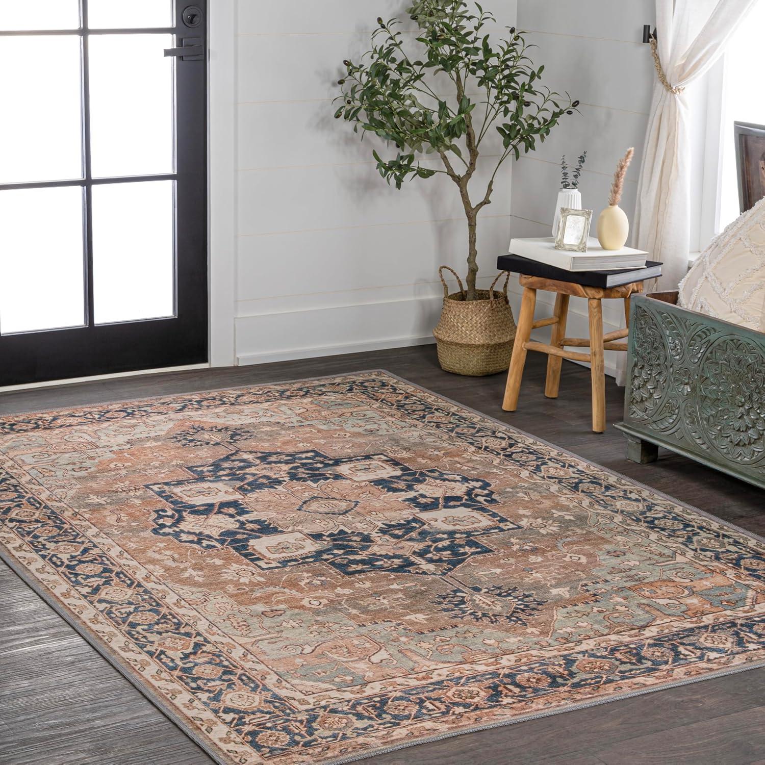 imageJONATHAN Y Machine Washable BeigeBlue Indoor Area Rug 3X5 ft Maris Ornate Medallion for Living Room Bedroom Kitchen Office EasyCleaning High Traffic PetFriendly NonShedding WSH109D3