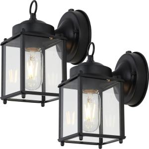 JONATHAN Y JYL2403A-SET2 Boston 4.25″ 1-Light Farmhouse Industrial Iron/Glass Outdoor LED Sconce Rustic, Vintage Entryway Lobby Kitchen Bathroom Bedroom Living Room Hallway, Black/Clear (Set of 2)