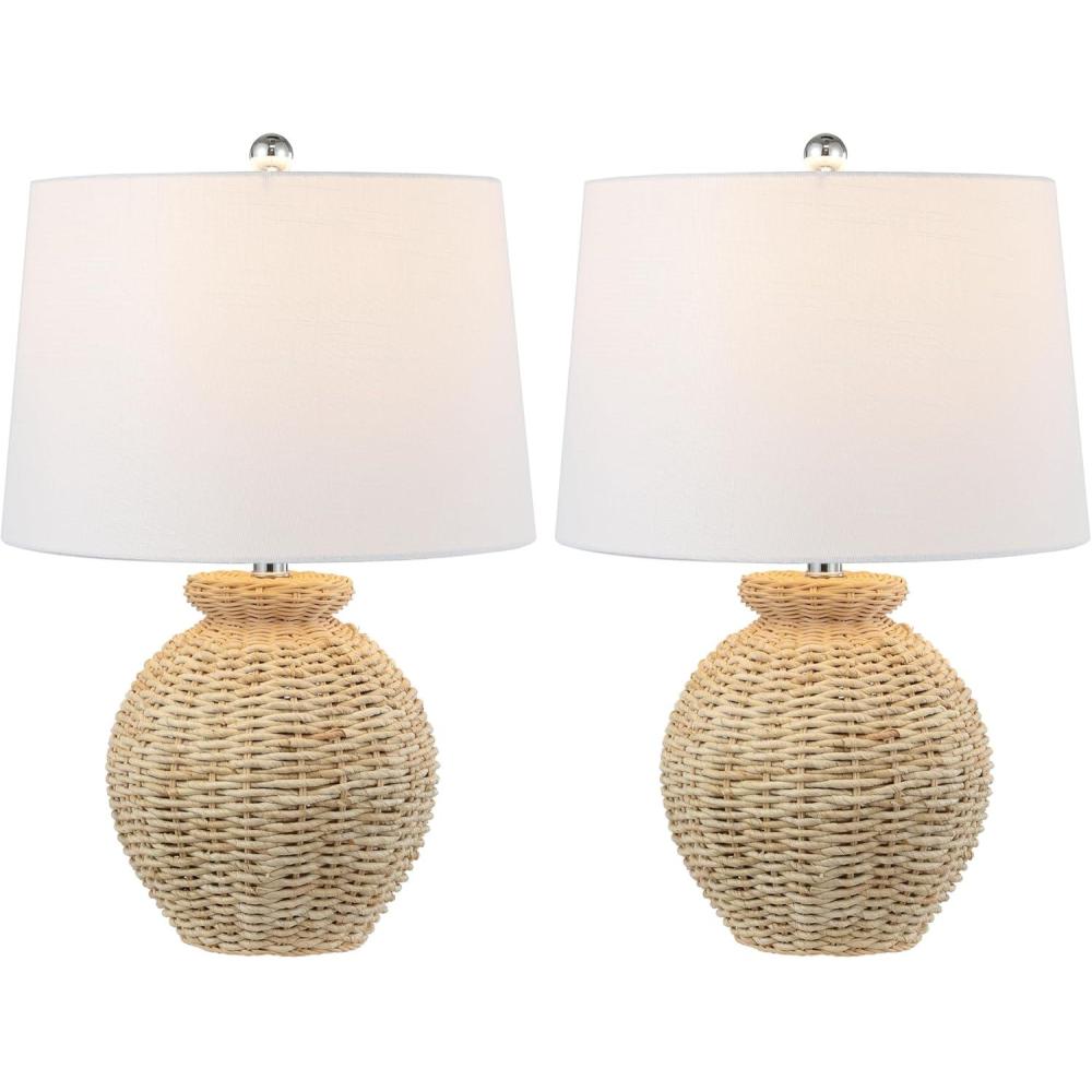 imageJONATHAN Y JYL4050ASET2 Nora 22quot Rustic Coastal Rattan Globe LED Table Lamps for Bedroom Living Room Office Brown Set of 2