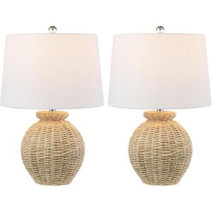 JONATHAN Y JYL4050A-SET2 Nora 22″ Rustic Coastal Rattan Globe LED Table Lamps for Bedroom, Living Room, Office, Brown (Set of 2)