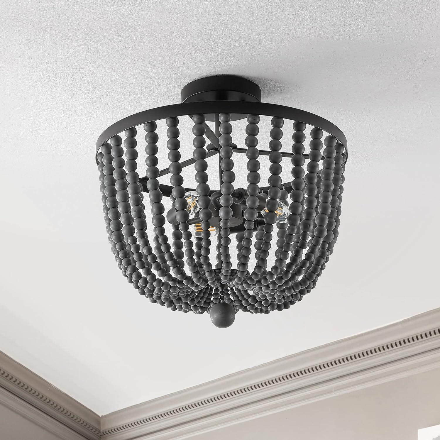 imageJONATHAN Y JYL9902A Drift Wood Bead 16quot 3Light Bohemian Farmhouse Iron LED Semi Flush Mount Transitional Rustic Kitchen Hallway Bathroom Bedroom Entryway Foyer Oil Rubbed BronzeGrey