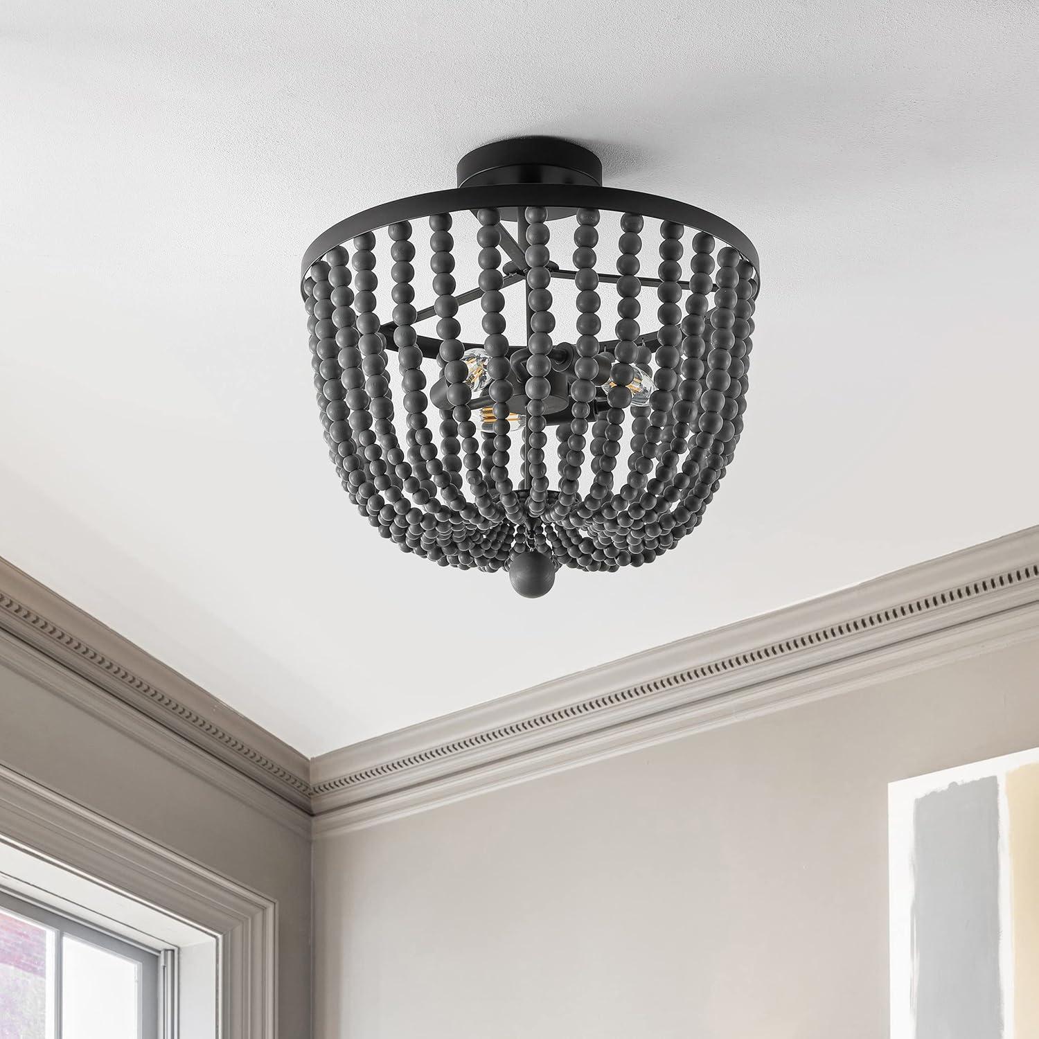 imageJONATHAN Y JYL9902A Drift Wood Bead 16quot 3Light Bohemian Farmhouse Iron LED Semi Flush Mount Transitional Rustic Kitchen Hallway Bathroom Bedroom Entryway Foyer Oil Rubbed BronzeGrey