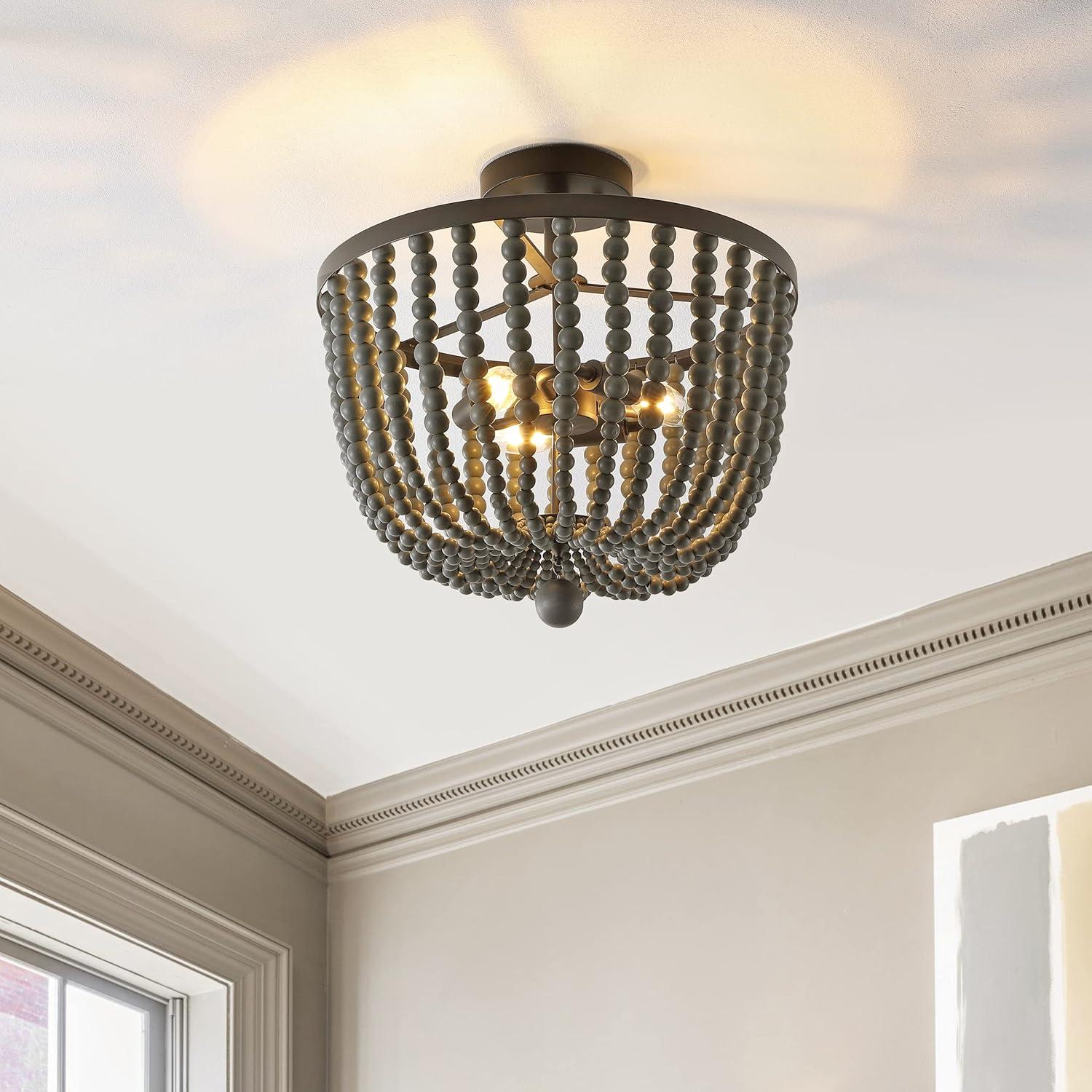imageJONATHAN Y JYL9902A Drift Wood Bead 16quot 3Light Bohemian Farmhouse Iron LED Semi Flush Mount Transitional Rustic Kitchen Hallway Bathroom Bedroom Entryway Foyer Oil Rubbed BronzeGrey