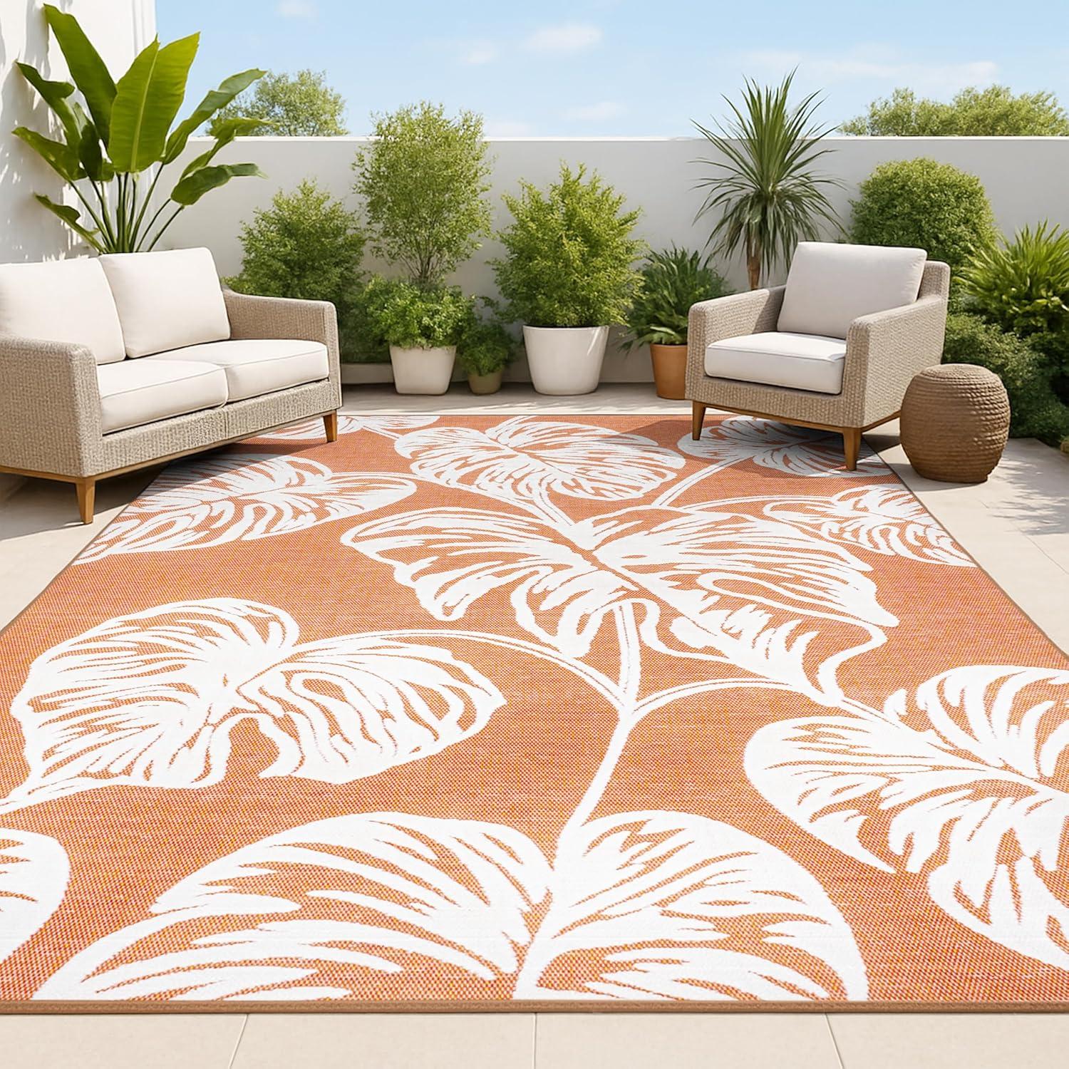 imageJONATHAN Y TwoTone Monstera Leaf Indoor Outdoor Area Rug 8X10 OrangeIvory Tobago HighLow for Backyard Patio Porch EasyCleaning High Traffic PetFriendly NonShedding HWC100A8OrangeIvory