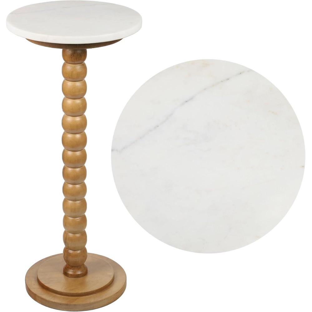 imageJONATHAN Y END3005C Monroe 2425quot Rustic Farmhouse Spindle Wood Drink Table and Decorative End Table with WhiteBeige Marble Round Top for Living Room Bedroom Office Bathroom Dark BrownNaturalWhite