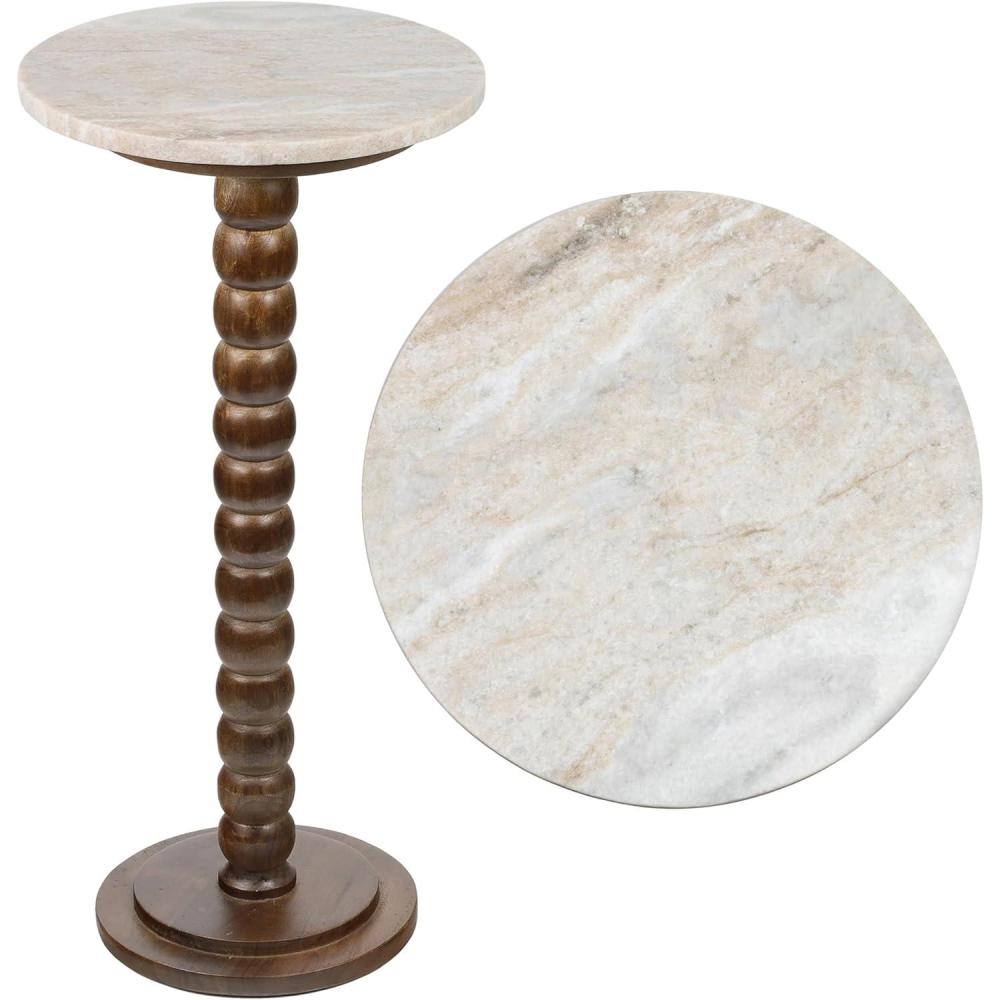 imageJONATHAN Y END3005C Monroe 2425quot Rustic Farmhouse Spindle Wood Drink Table and Decorative End Table with WhiteBeige Marble Round Top for Living Room Bedroom Office Bathroom Dark BrownDark BrownBeigeGray