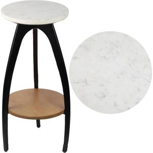 JONATHAN Y END3001A Ollie 24.5″ Designer Farmhouse Metal Tripod Drink Table and Decorative End Table with White Marble Round Top and Wood Undershelf for Living Room, Bedroom, Office, Black/Natural