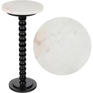 JONATHAN Y END3005C Monroe 24.25″ Rustic Farmhouse Spindle Wood Drink Table and Decorative End Table with White/Beige Marble Round Top for Living Room, Bedroom, Office, Bathroom, Dark Brown(Black/White)