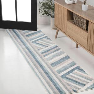 JONATHAN Y Retro Rainbow Stripe Indoor Area Rug 8×10, Red/Gold/Cream, Contemporary, Casual, Coastal, Easy-Cleaning for Living Room, Bedroom, Kitchen, Pet Friendly, Non-Shedding (DZC102C-8)(Blue/Cream/Gray)