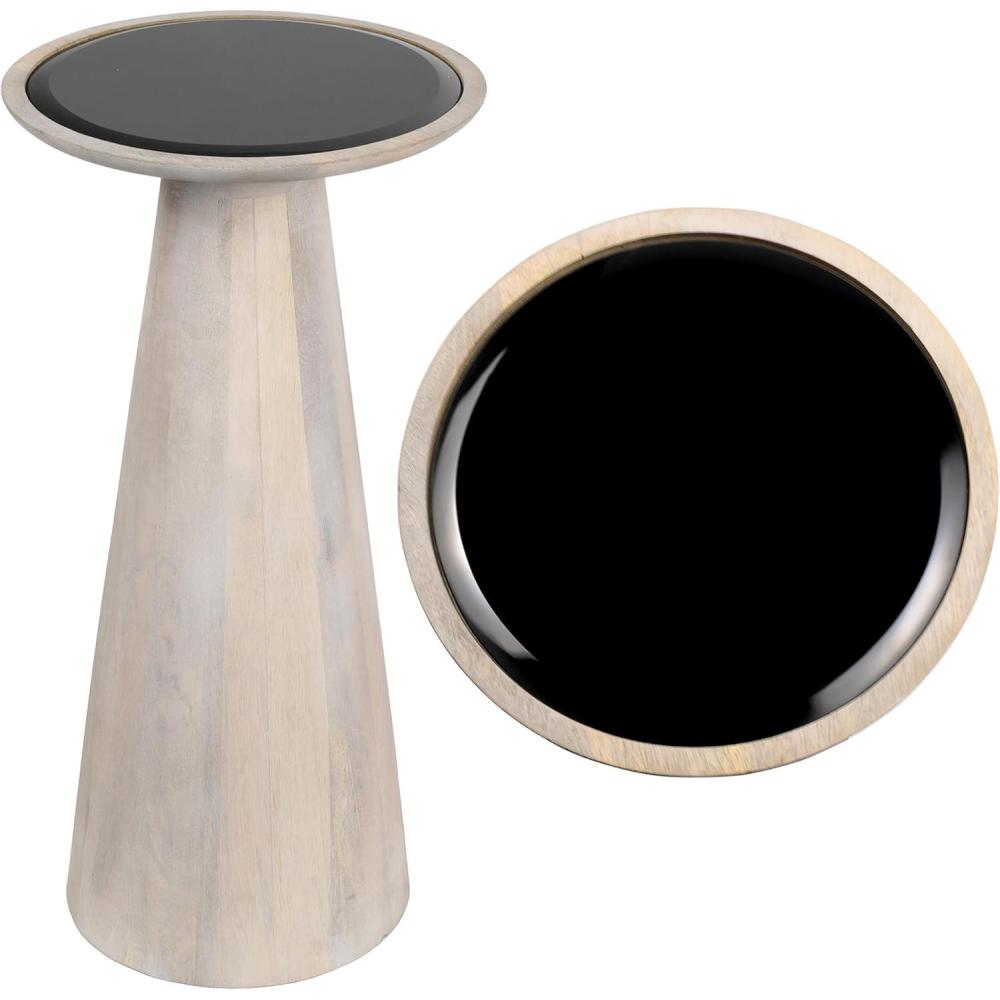 imageJONATHAN Y END4004C Linden 215quot Farmhouse Industrial Mango Wood Drink Table and Decorative End Table with Round Black Glass Top and Cone Pedestal Base for Living Room Bedroom Office AshAsh