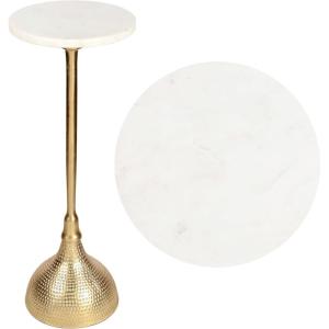 JONATHAN Y END4001C Ava 23.75″ Art Deco Contemporary Metal Pedestal Drink Table and Decorative End Table with White Marble Round Top and Hammered Base for Living Room, Bedroom, Office, Black(Gold)