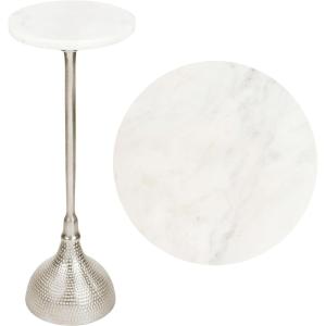 JONATHAN Y END4001C Ava 23.75″ Art Deco Contemporary Metal Pedestal Drink Table and Decorative End Table with White Marble Round Top and Hammered Base for Living Room, Bedroom, Office, Black(Nickel)