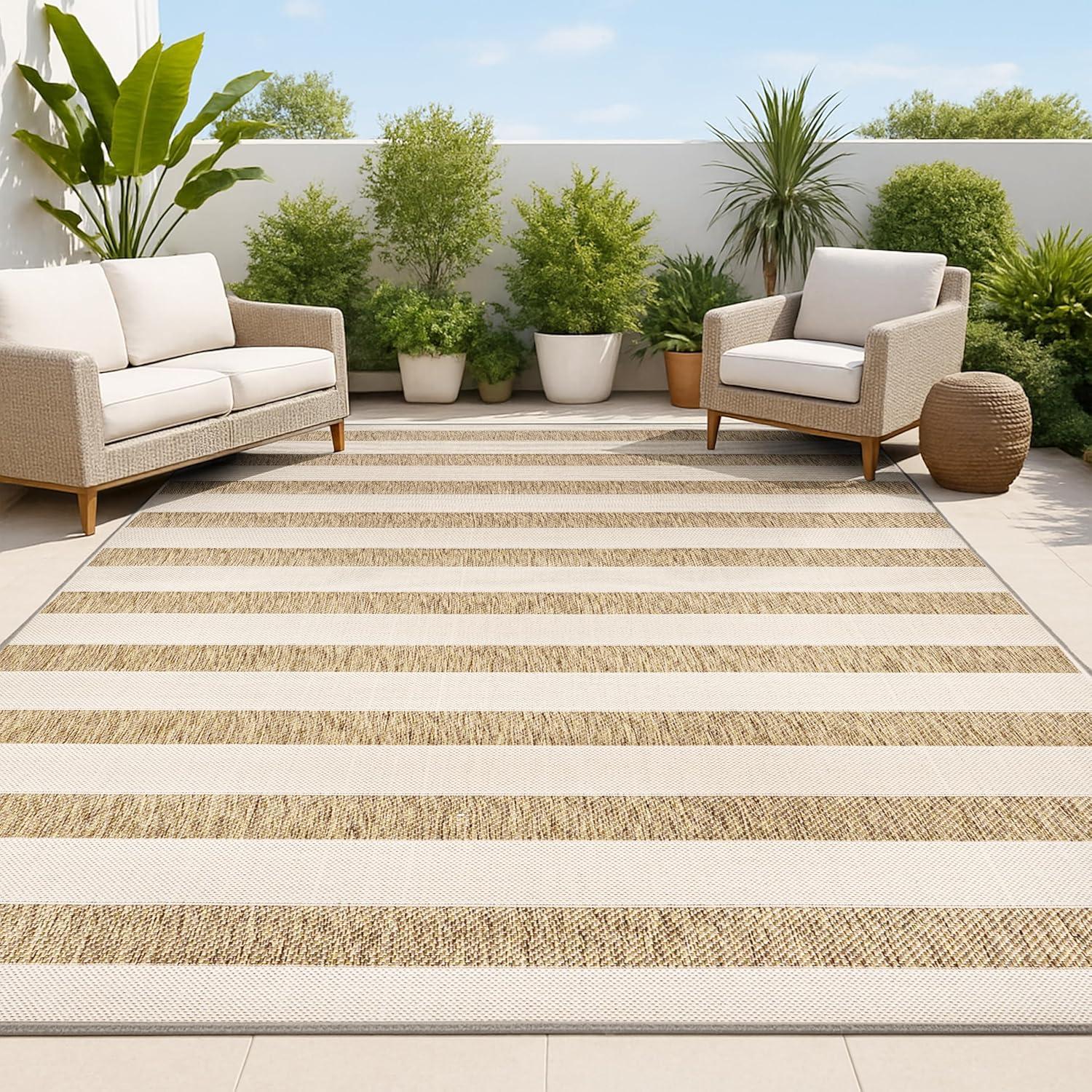 imageJONATHAN Y Wide Stripe Indoor Outdoor Area Rug 3X5 BeigeBrown Aveiro for Backyard Patio Porch EasyCleaning High Traffic PetFriendly NonShedding SMB112A3BeigeBrown