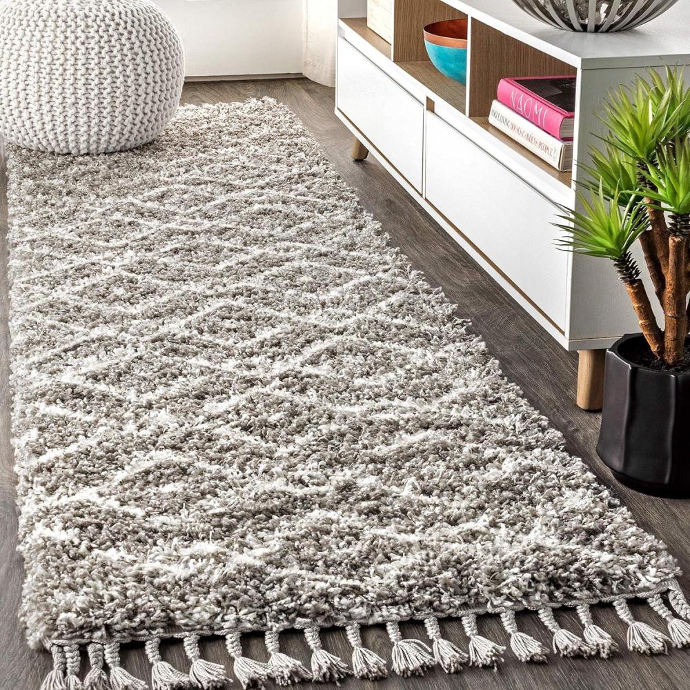 imageJONATHAN Y Mercer Shag Plush Tassel Diamond Denim BlueCream Indoor Area Rug 3x5 Moroccan Bohemian Geometric EasyCleaning for Living Room Bedroom Kitchen NonShedding MCR105A3GreyCream