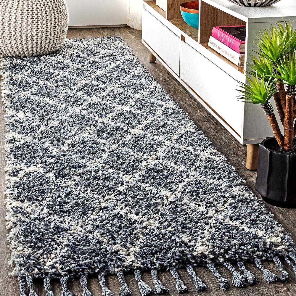 imageJONATHAN Y Mercer Shag Plush Tassel GrayCream Indoor Area Rug 3x5 Moroccan Geometric Trellis Transitional EasyCleaning for Living Room Bedroom Kitchen NonShedding MCR104C3Denim BlueCream