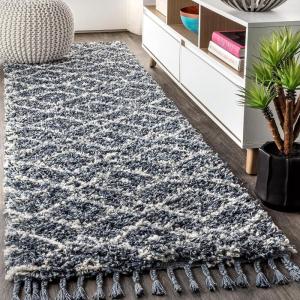 JONATHAN Y Mercer Shag Plush Tassel Diamond Denim Blue/Cream Indoor Area Rug, 3×5, Moroccan, Bohemian, Geometric, Easy-Cleaning for Living Room, Bedroom, Kitchen, Non-Shedding (MCR105A-3)(Denim Blue/Cream)