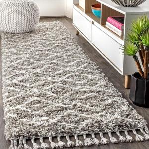 JONATHAN Y Mercer Shag Plush Tassel Diamond Denim Blue/Cream Indoor Area Rug, 3×5, Moroccan, Bohemian, Geometric, Easy-Cleaning for Living Room, Bedroom, Kitchen, Non-Shedding (MCR105A-3)(Grey/Cream)